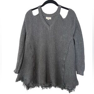 Umgee Gray Distressed Sweater Small Oversized Cold Shoulder Boho Knit